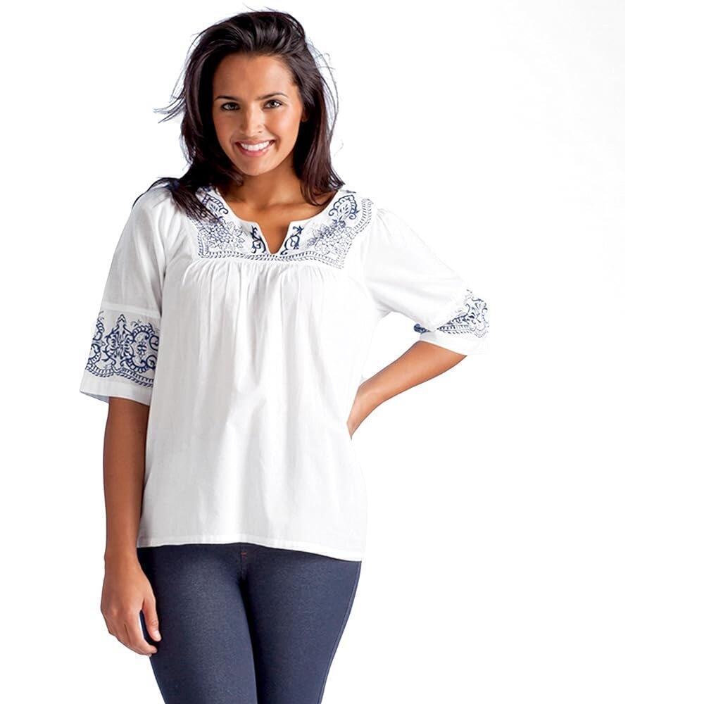 LA CERA Women's White Cotton Embroidered Blouse